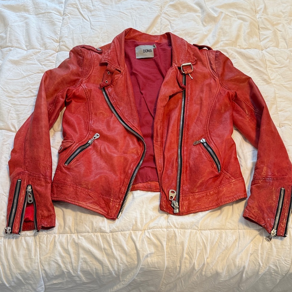 Doma Women's Vibrant Red Leather Biker Jacket